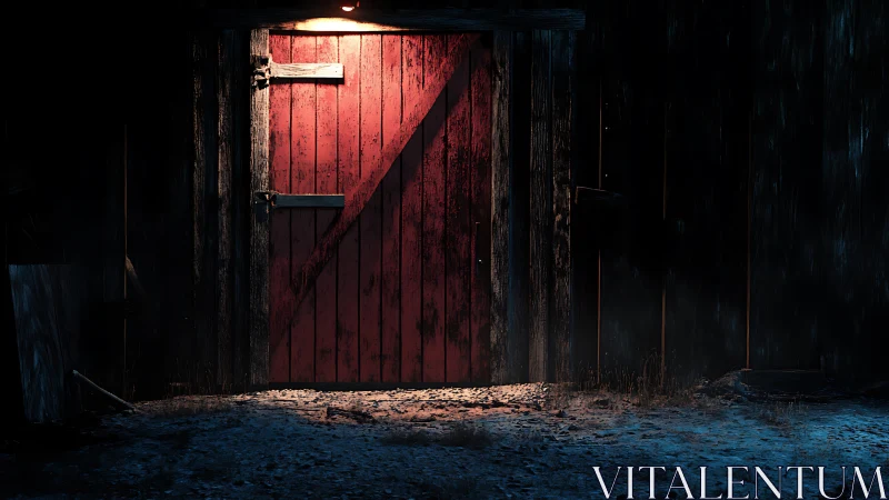 Weathered red barn door under single harsh night light.