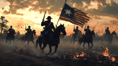 Cavalry soldiers ride through burning battlefield at sunset