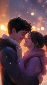 Luminous Winter Romance: Two Hearts Glowing in Snowy Embrace.