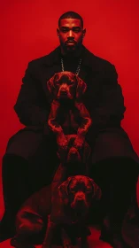 Confident man and three dogs share a bold red portrait moment