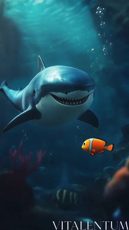Cartoon shark approaches bright clownfish underwater scene.