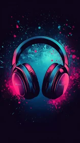 Headphones hang centered amid neon cyan and magenta splashes