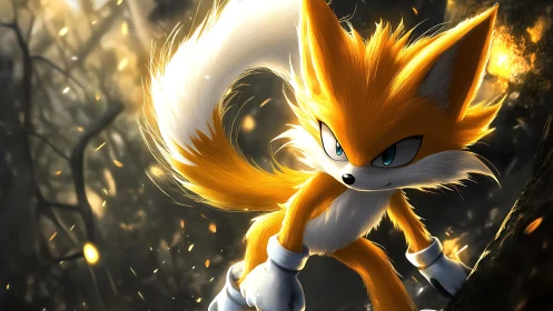 Dynamic twin-tailed fox rendered with volumetric lighting effects