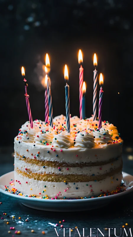 Birthday cake with lit candles against dark background