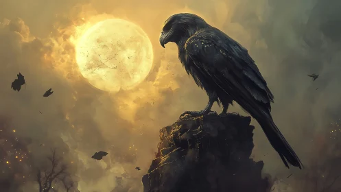 Solitary black bird occupies rocky perch under full moon