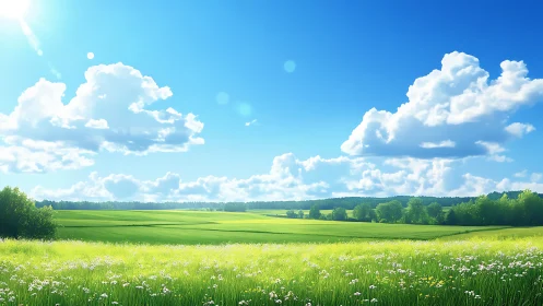 Extensive green meadow under clear sky with cumulus clouds.