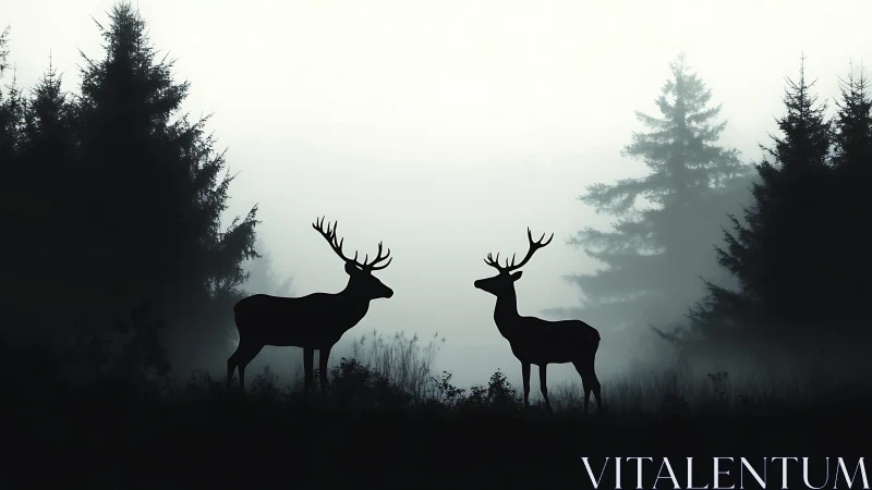 Stag silhouettes stand quietly in a misty forest dawn.