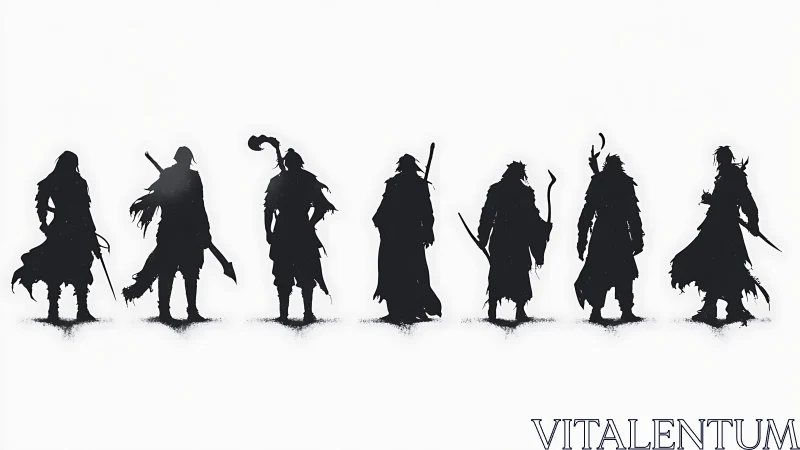 Silhouetted fantasy warriors align in high-contrast character study