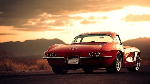 Sunlit classic red sports car waits on an open desert road