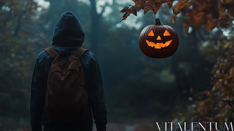 Hooded figure meets glowing jack o lantern in misty forest