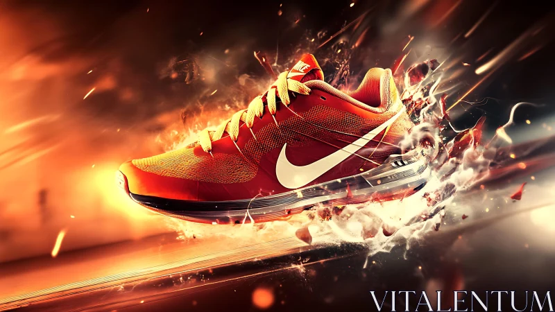 Fiery orange running shoe bursting into motion and light.