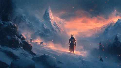 Horned wanderer claims a burning dawn in frozen peaks.