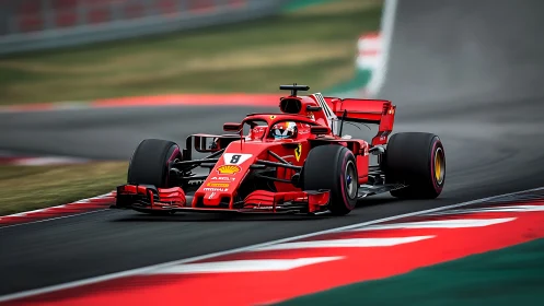 Red Formula 1 Ferrari races through a fast sweeping corner.