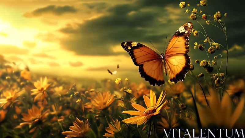 Golden butterfly drifts gently above a glowing sunset meadow