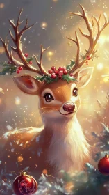 Festive young reindeer with holly antlers in glowing snow.