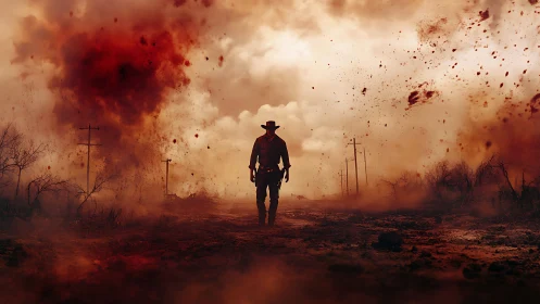 Lone cowboy silhouette crossing explosive red dust storm.
