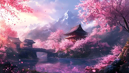 Peaceful cherry blossom temple beside a gentle river.