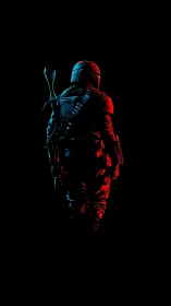 Neon-lit bounty hunter silhouette in dual-tone digital painting.