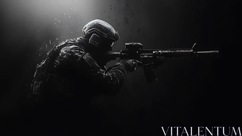 Soldier holds rifle in low key side profile against dark field