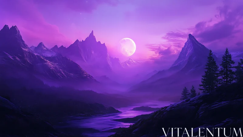 Vibrant purple mountain valley under glowing full moon.