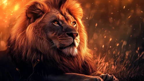 Lion king rests under emberlit twilight savanna sky.