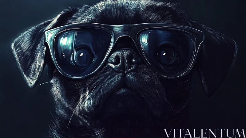 Midnight pug philosopher in oversized neon glasses gazes.
