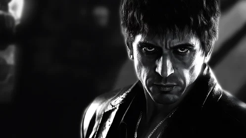 Intense monochrome portrait of stern man in leather jacket.