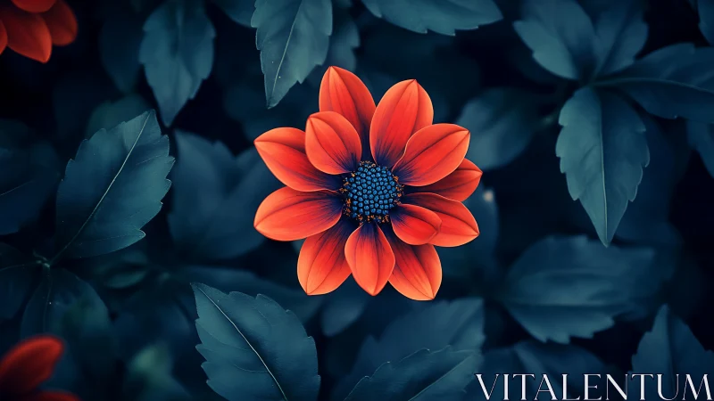 Vibrant Red Flower Against Deep Blue Foliage in Moody Garden