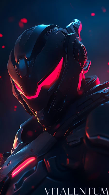 Cybernetic combat exosuit glows with red tactical lighting.