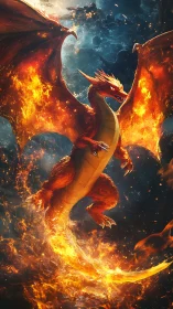 Inferno-winged dragon ascends through molten starlight skies.