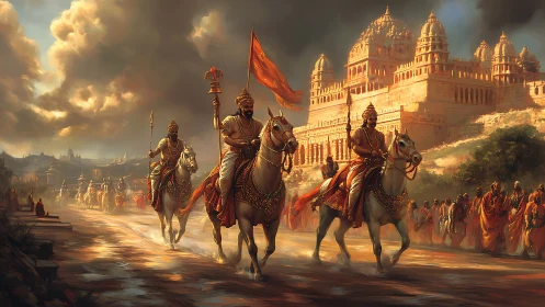 Royal horsemen lead procession before grand sandstone citadel.