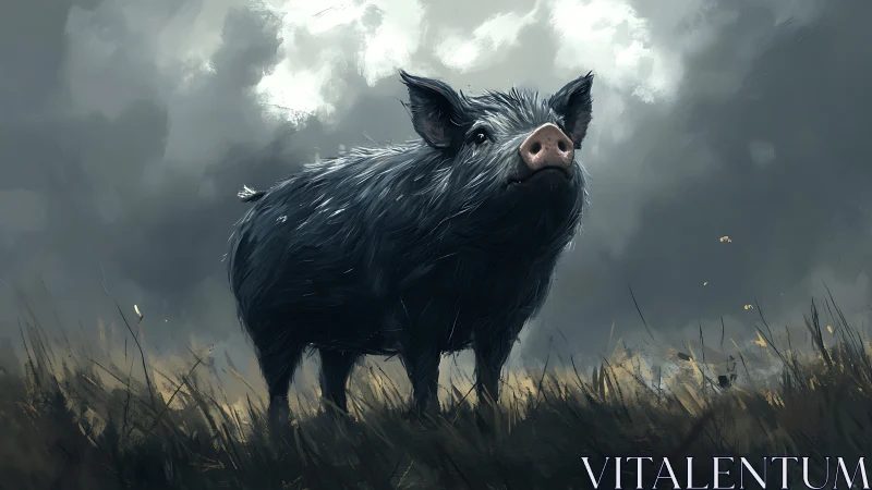 Curious black pig standing bravely beneath a stormy sky.