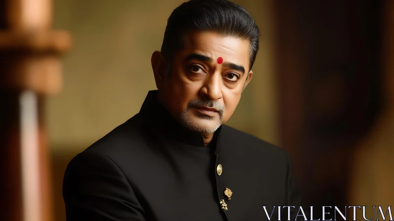 Warm portrait of dignified man in traditional dark attire.