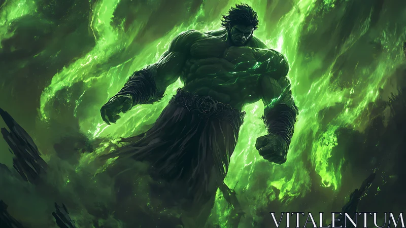 Radiant green titan rising through swirling mystical flames.