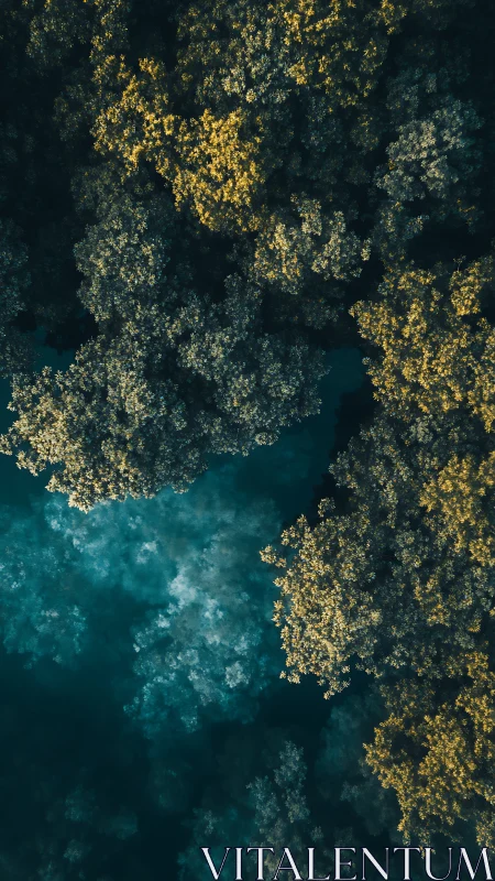 Golden Canopy Meets Turquoise Dreams: Aerial Forest Dance.