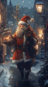Snowlit Santa carrying lantern along festive cobblestone street.
