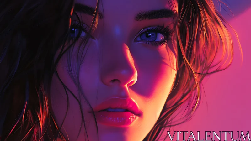 Close portrait of woman in neon pink and purple lighting.