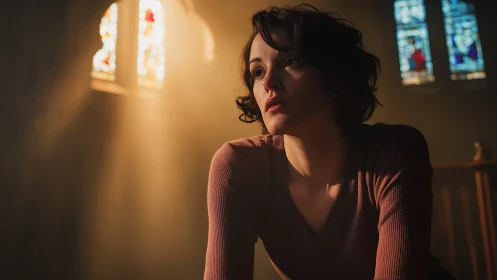 Contemplative woman bathed in cathedral light and quiet dust.