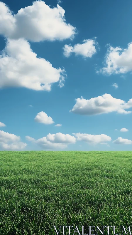 Sunlit green meadow under deep blue sky with clouds.