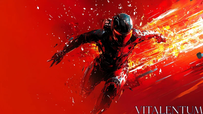 Armored sprinter accelerates through explosive red particle field