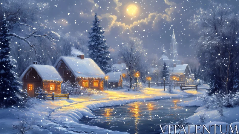 Snowy village at night with glowing cottages and river.