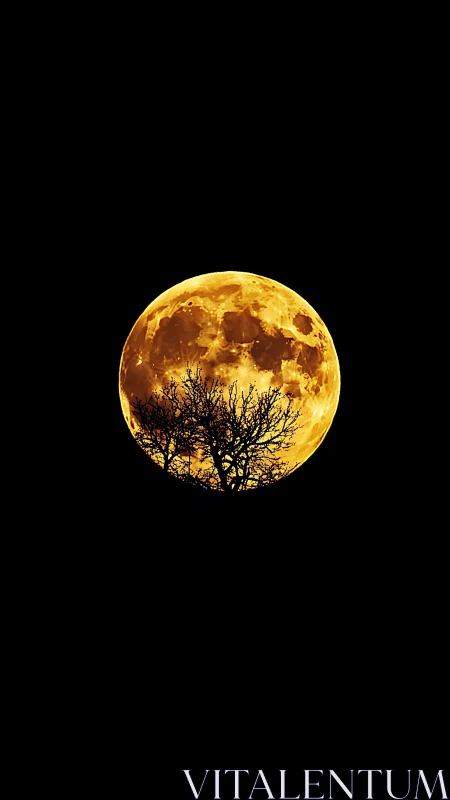 Large orange full moon is partially obscured by tree branches