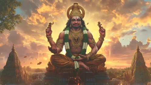 Divine Hindu deity seated above ornate temple skyline.
