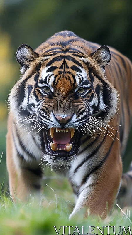 Snarling tiger strides forward with bared teeth and focus.