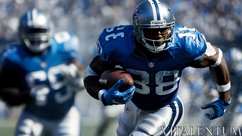 Running back bursts through defense in intense football play.