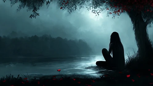 Silhouetted girl contemplates moonlit lake under red leaves