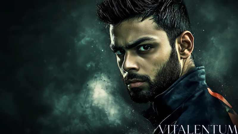 Intense male portrait emerges from dark, cinematic mist.