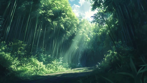 Sunlit forest pathway with tall trees and atmospheric light rays