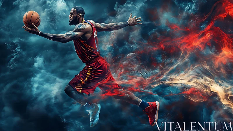 Dynamic digital painting of airborne basketball player in flames.
