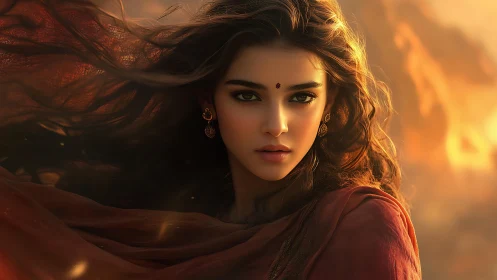 Woman in warm sunset lighting with windblown dark hair